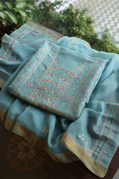 Soft Blue Silk Chikankari With Ari Work Unstitched Kurta Dupatta Set