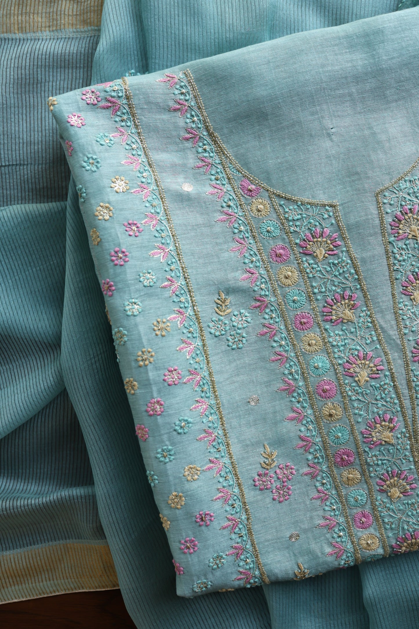 Soft Blue Silk Chikankari With Ari Work Unstitched Kurta Dupatta Set