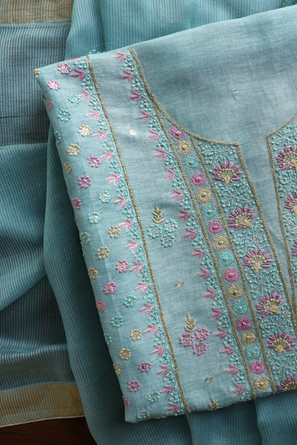 Soft Blue Silk Chikankari With Ari Work Unstitched Kurta Dupatta Set