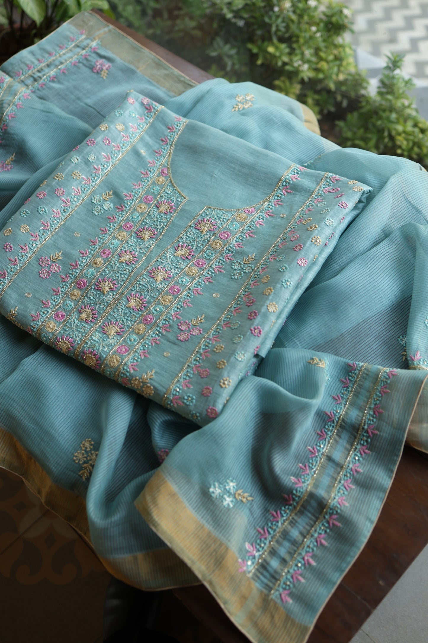 Soft Blue Silk Chikankari With Ari Work Unstitched Kurta Dupatta Set