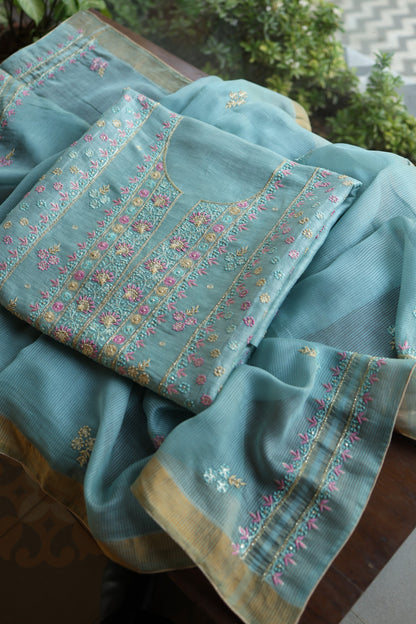 Soft Blue Silk Chikankari With Ari Work Unstitched Kurta Dupatta Set