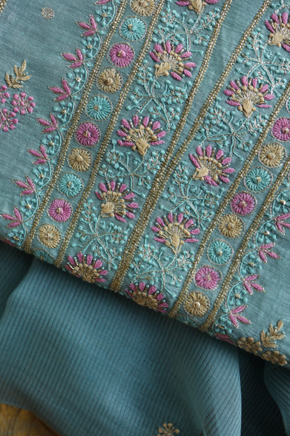 Soft Blue Silk Chikankari With Ari Work Unstitched Kurta Dupatta Set