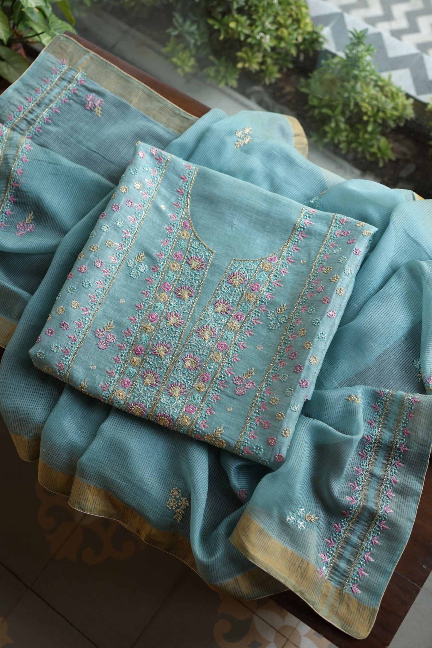 Soft Blue Silk Chikankari With Ari Work Unstitched Kurta Dupatta Set