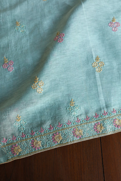 Soft Blue Silk Chikankari With Ari Work Unstitched Kurta Dupatta Set