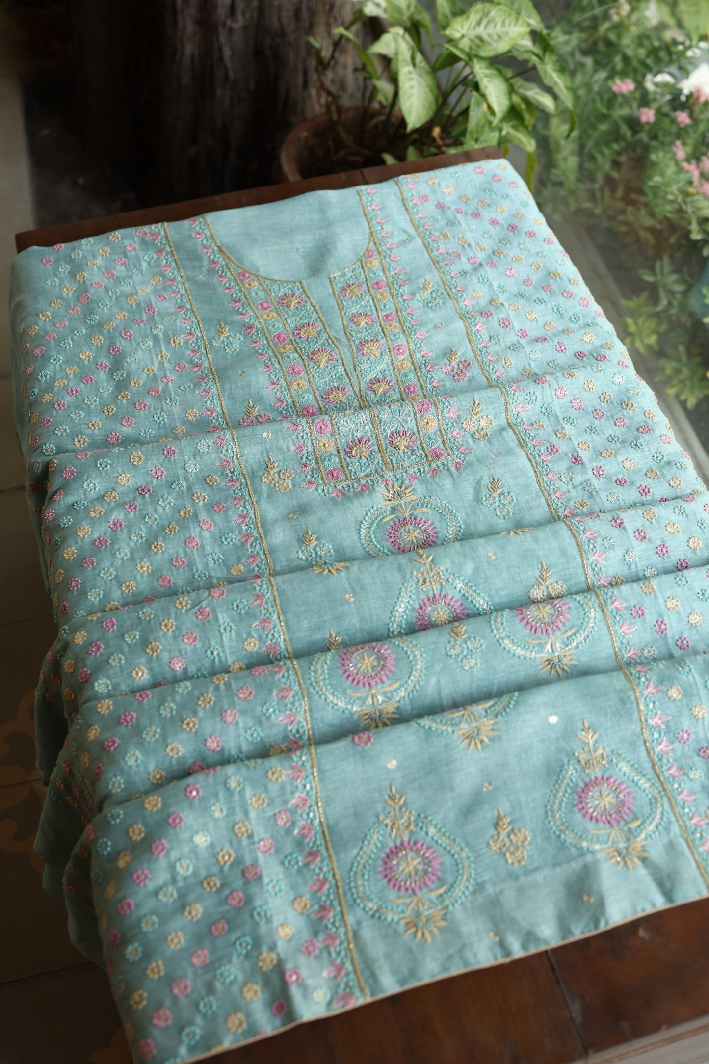 Soft Blue Silk Chikankari With Ari Work Unstitched Kurta Dupatta Set