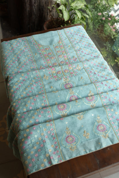 Soft Blue Silk Chikankari With Ari Work Unstitched Kurta Dupatta Set