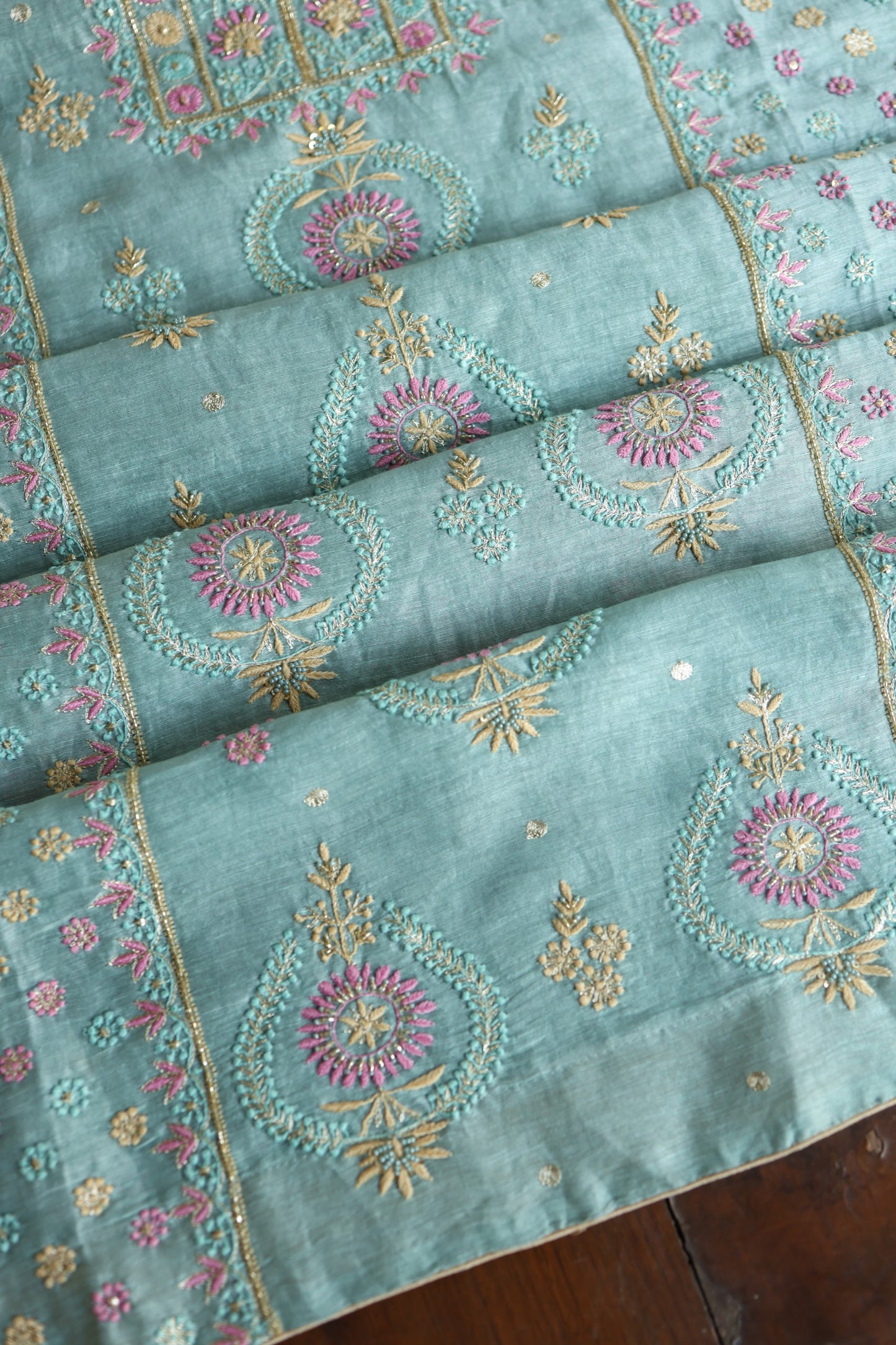 Soft Blue Silk Chikankari With Ari Work Unstitched Kurta Dupatta Set