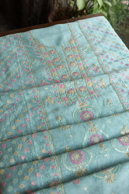 Soft Blue Silk Chikankari With Ari Work Unstitched Kurta Dupatta Set