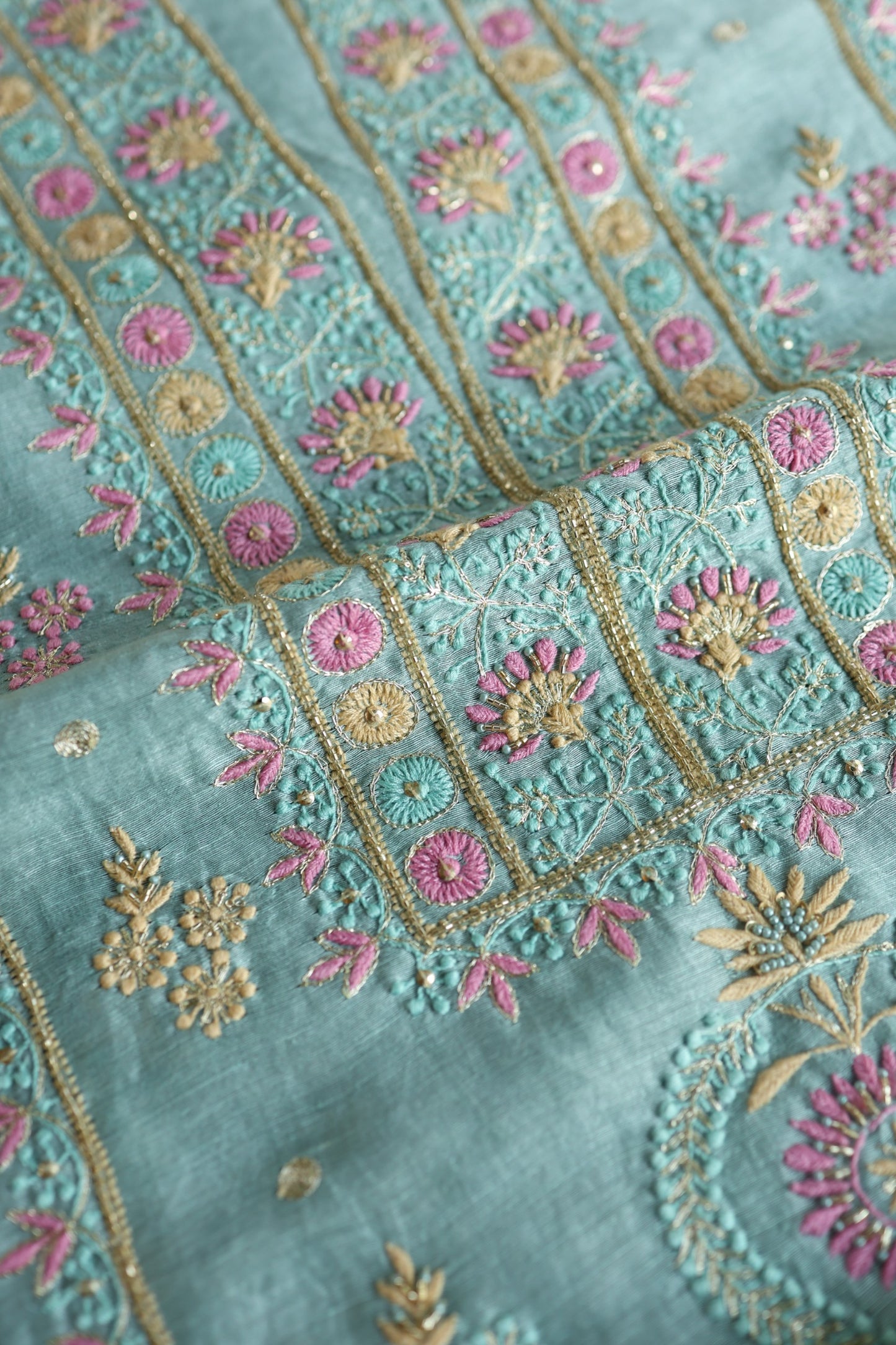 Soft Blue Silk Chikankari With Ari Work Unstitched Kurta Dupatta Set