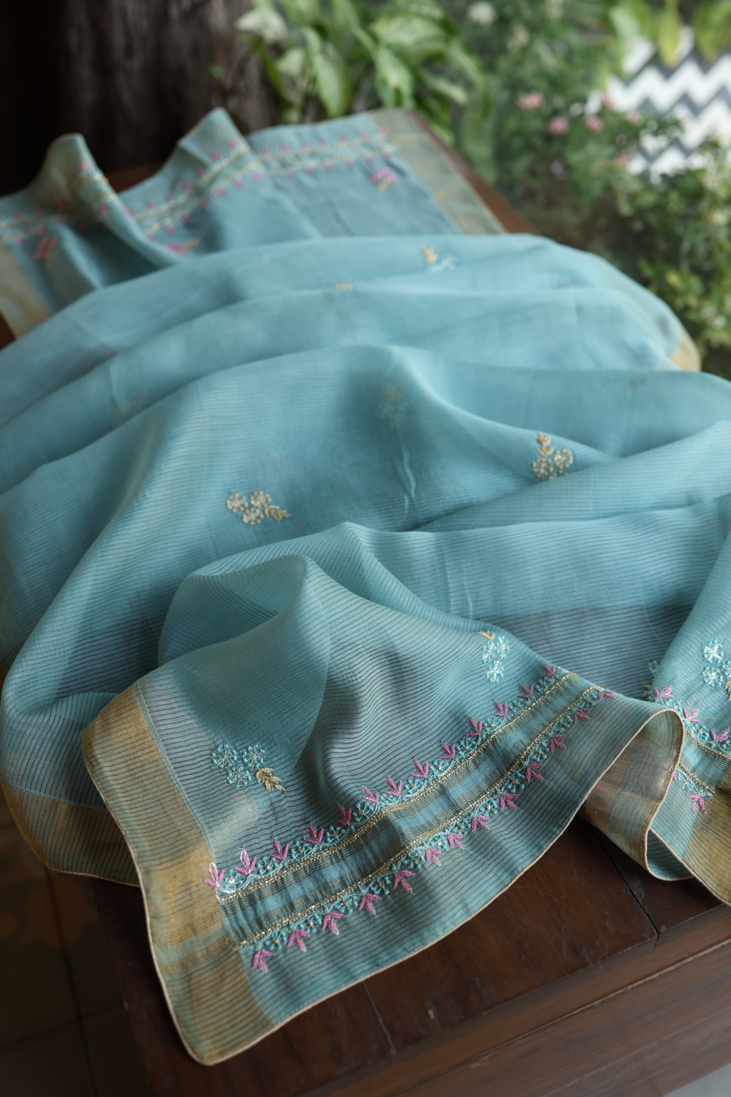 Soft Blue Silk Chikankari With Ari Work Unstitched Kurta Dupatta Set