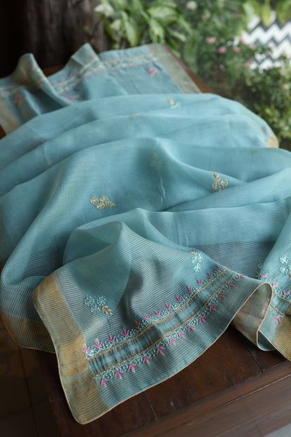 Soft Blue Silk Chikankari With Ari Work Unstitched Kurta Dupatta Set