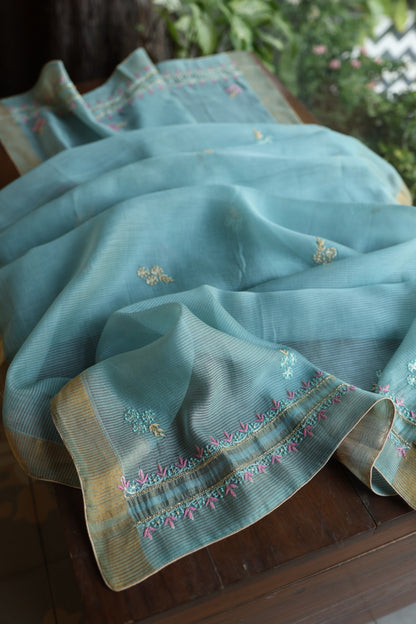 Soft Blue Silk Chikankari With Ari Work Unstitched Kurta Dupatta Set