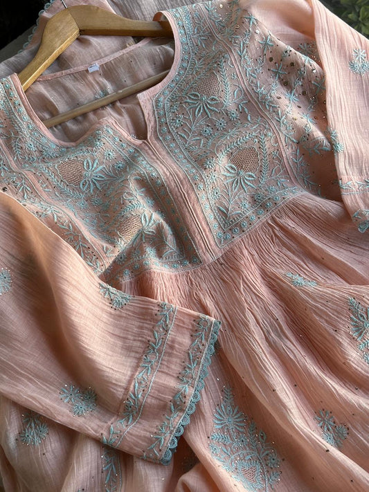 Soft Peach | Malmal Mukaish Kamdani Chikankari Stitched Kurta Dupatta Set