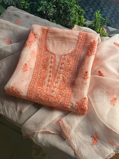 Soft Peach Shade Noor Organza Silk Chikankari Unstitched Kurta Dupatta Set