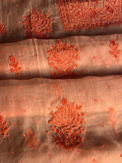 Soft Peach Shade Noor Organza Silk Chikankari Unstitched Kurta Dupatta Set