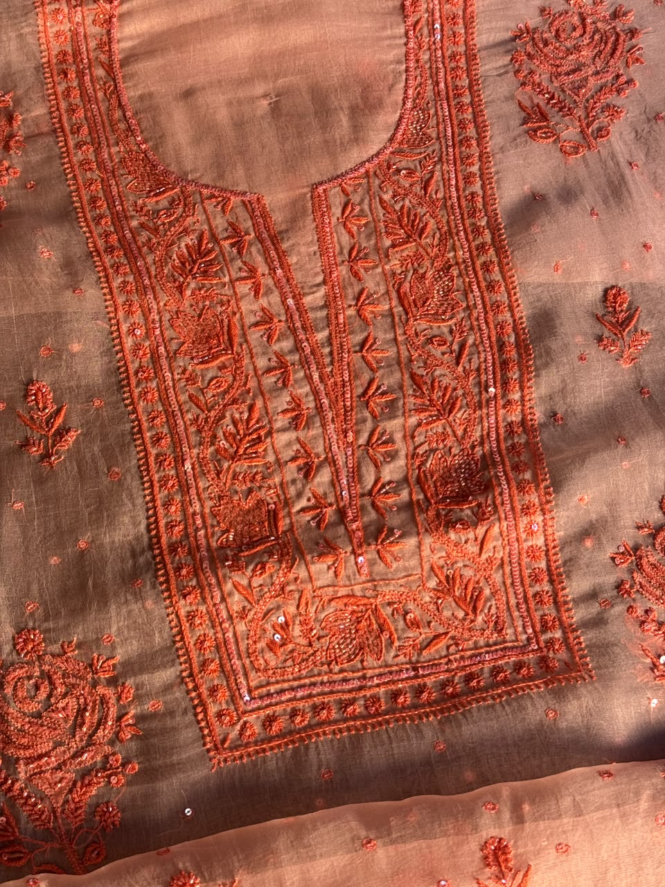 Soft Peach Shade Noor Organza Silk Chikankari Unstitched Kurta Dupatta Set
