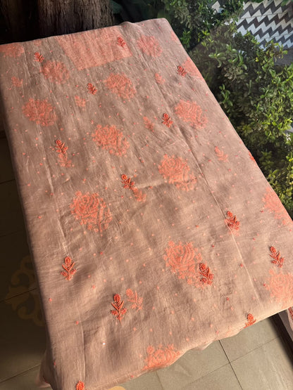 Soft Peach Shade Noor Organza Silk Chikankari Unstitched Kurta Dupatta Set