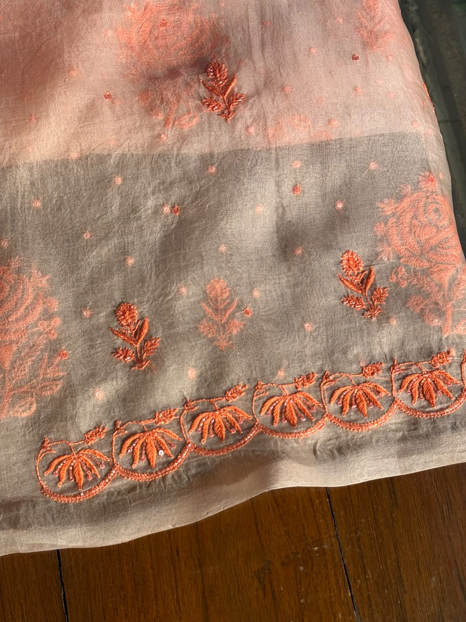 Soft Peach Shade Noor Organza Silk Chikankari Unstitched Kurta Dupatta Set