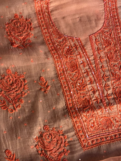 Soft Peach Shade Noor Organza Silk Chikankari Unstitched Kurta Dupatta Set