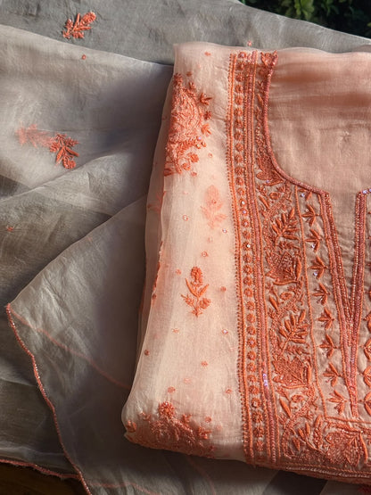 Soft Peach Shade Noor Organza Silk Chikankari Unstitched Kurta Dupatta Set