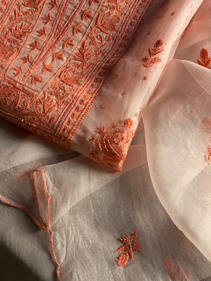 Soft Peach Shade Noor Organza Silk Chikankari Unstitched Kurta Dupatta Set