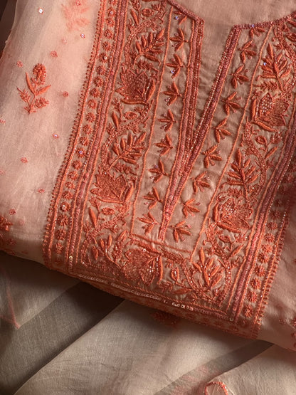 Soft Peach Shade Noor Organza Silk Chikankari Unstitched Kurta Dupatta Set