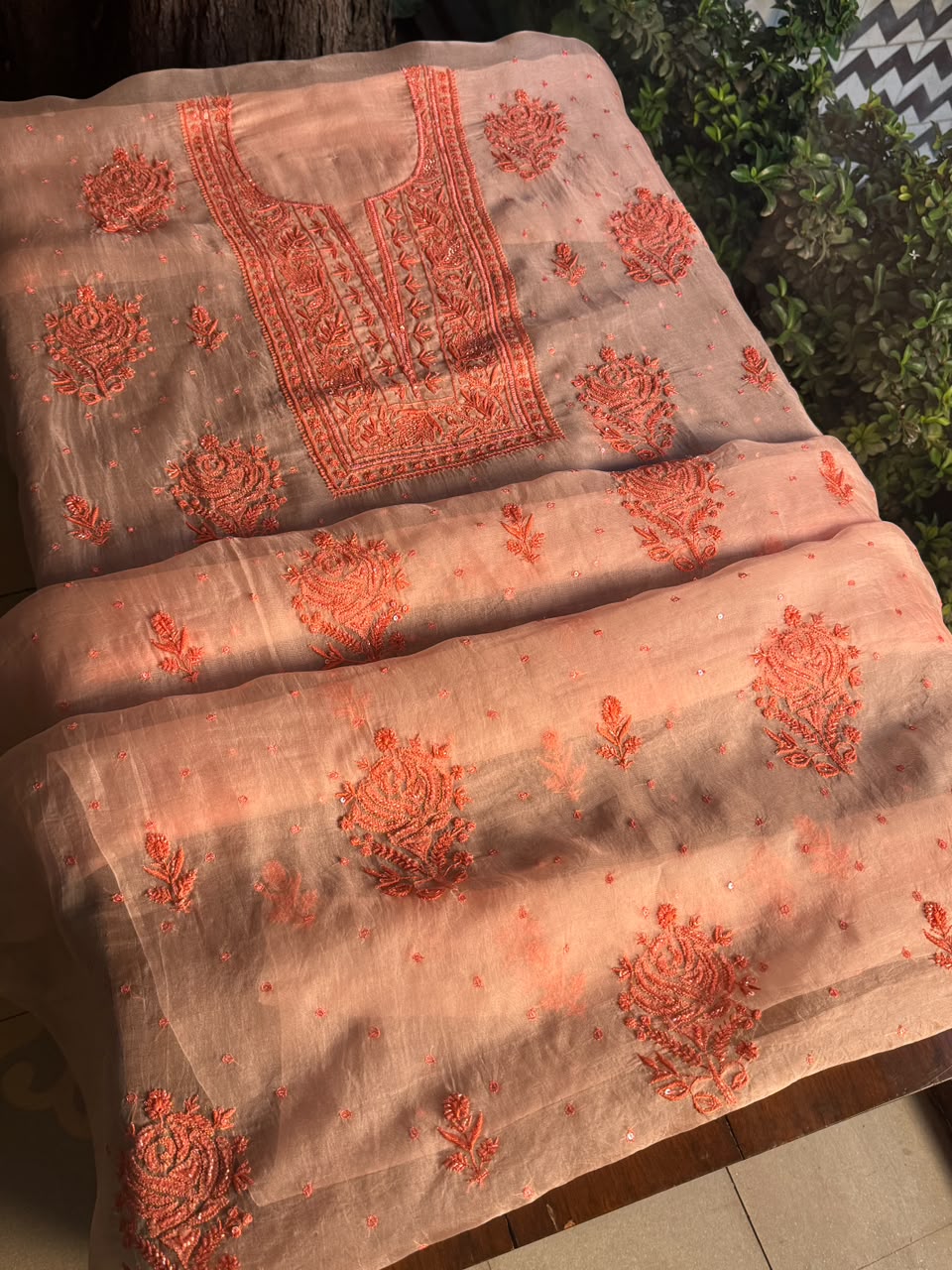 Soft Peach Shade Noor Organza Silk Chikankari Unstitched Kurta Dupatta Set