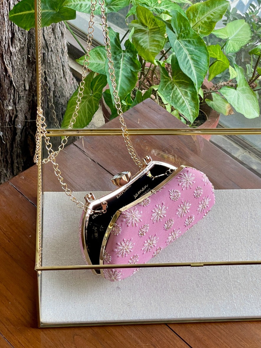 Soft Pink Chikankari With Ari Work Sling Clutch