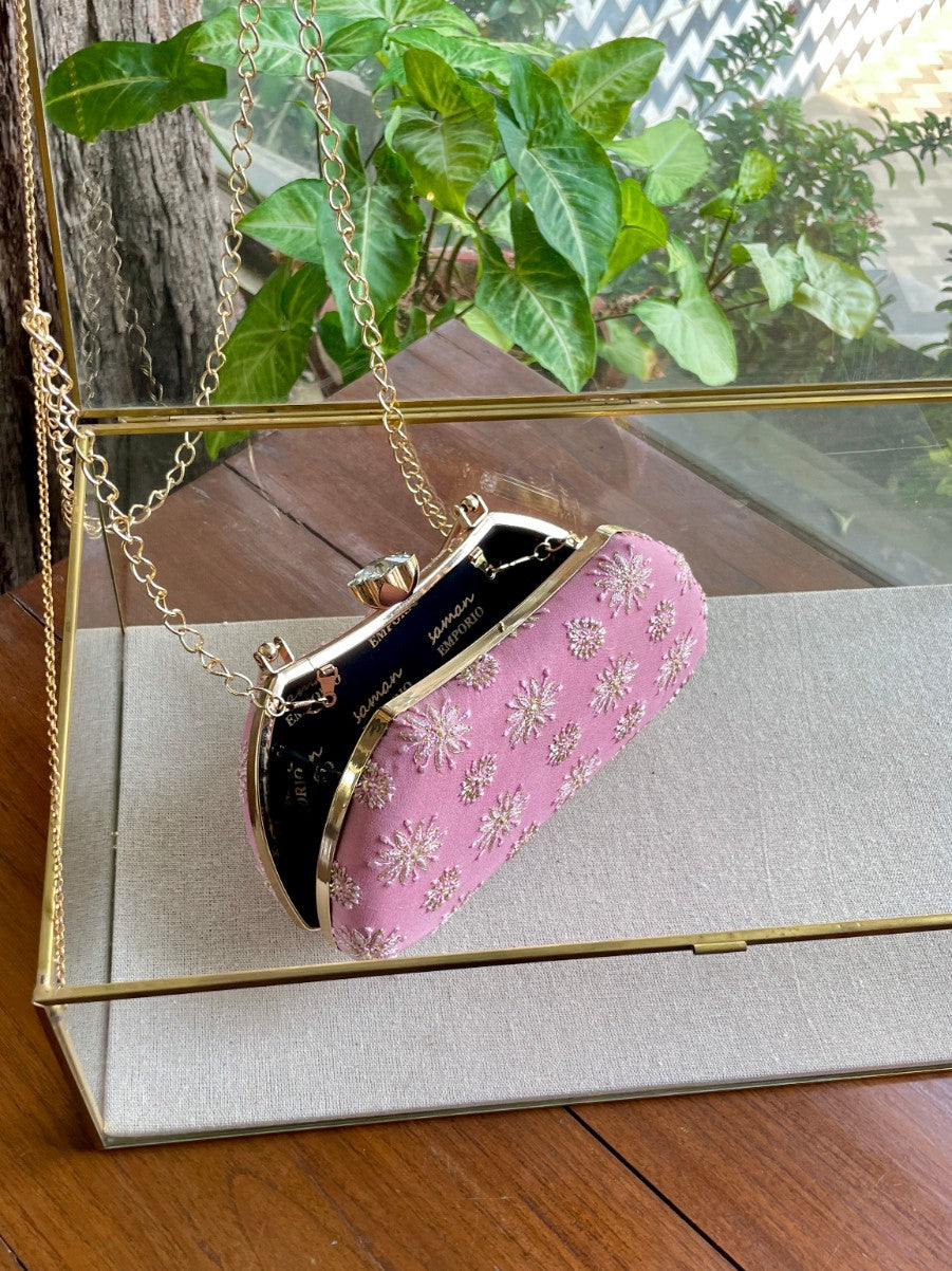 Soft Pink Chikankari With Ari Work Sling Clutch