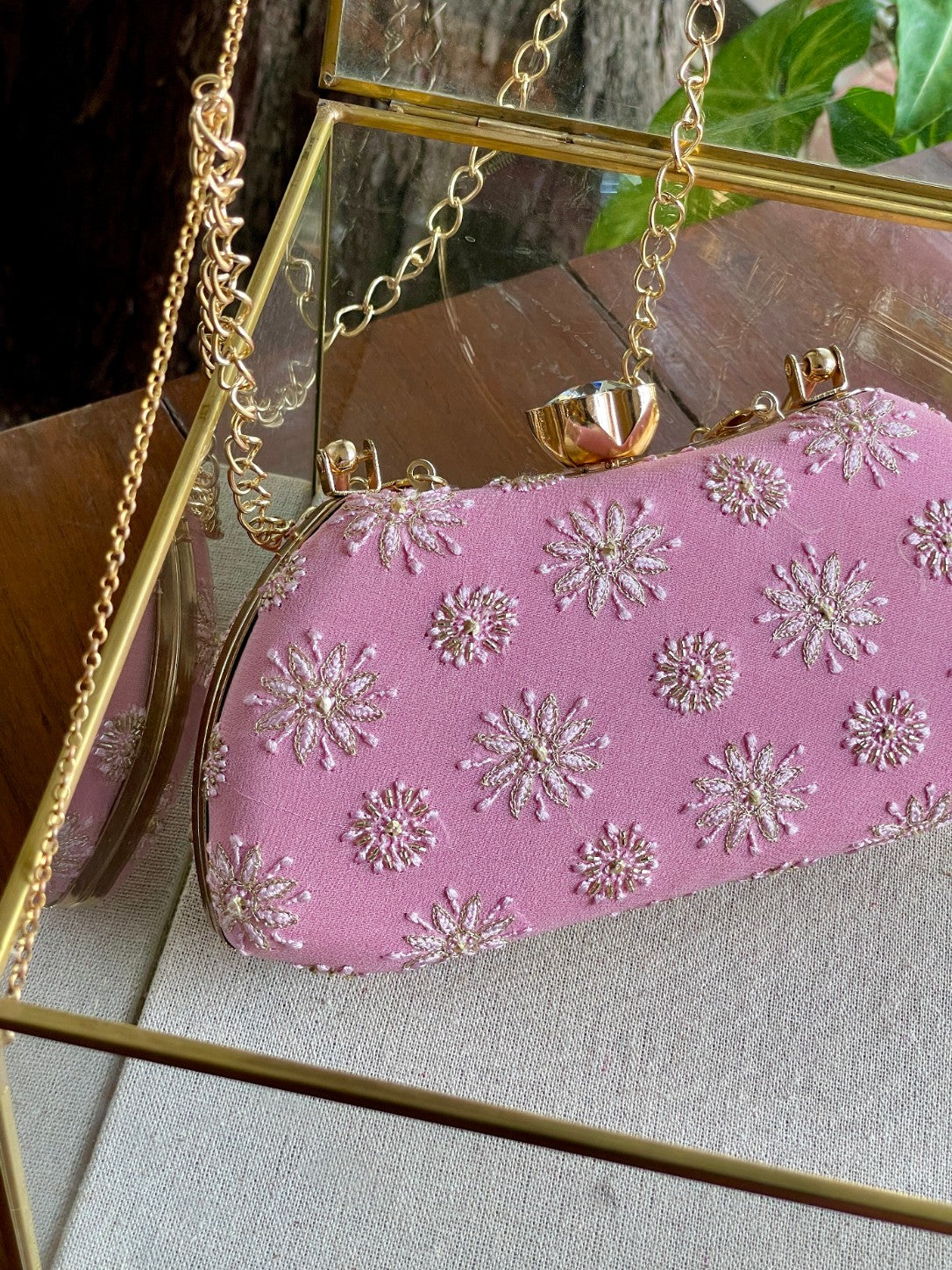 Soft Pink Chikankari With Ari Work Sling Clutch