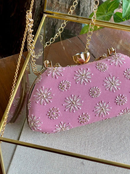 Soft Pink Chikankari With Ari Work Sling Clutch