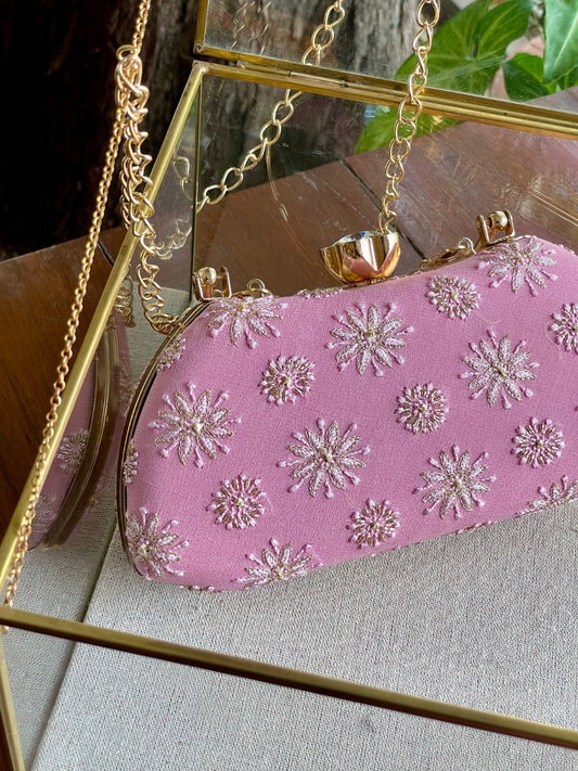 Soft Pink Chikankari With Ari Work Sling Clutch