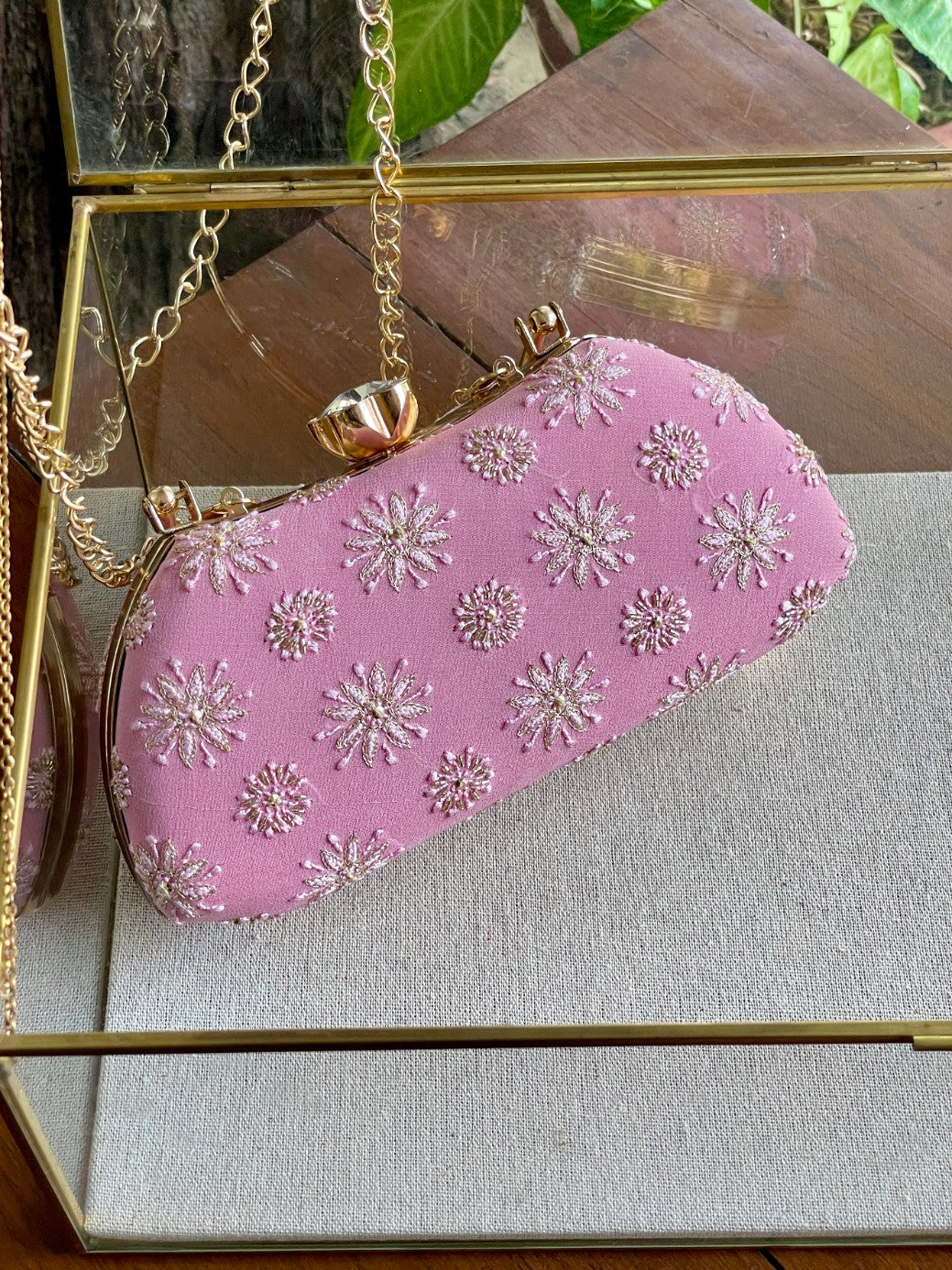Soft Pink Chikankari With Ari Work Sling Clutch