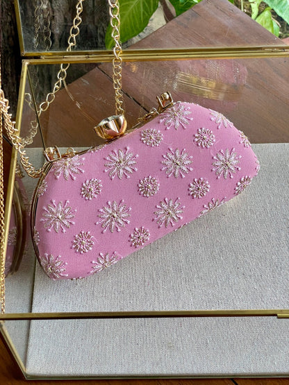 Soft Pink Chikankari With Ari Work Sling Clutch