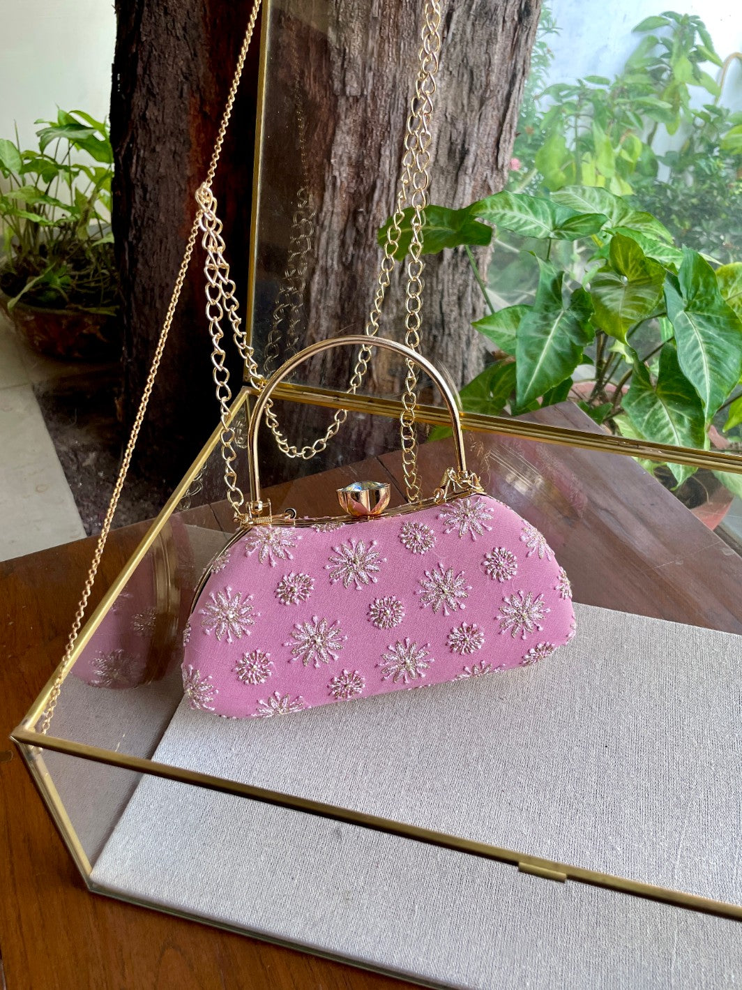 Soft Pink Chikankari With Ari Work Sling Clutch