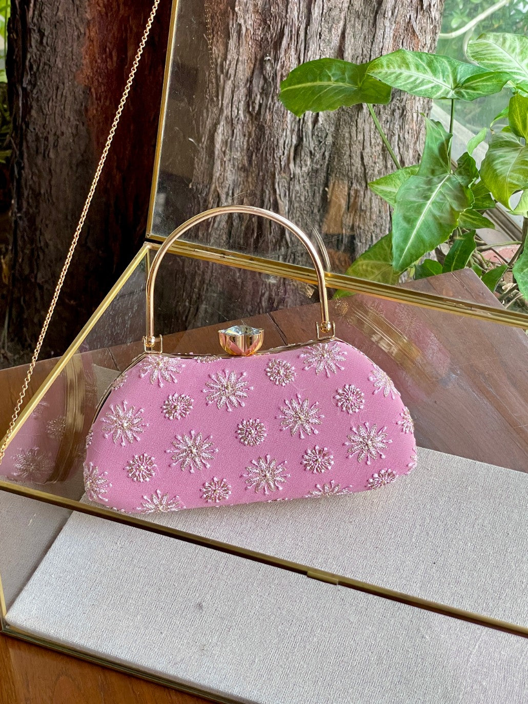 Soft Pink Chikankari With Ari Work Sling Clutch