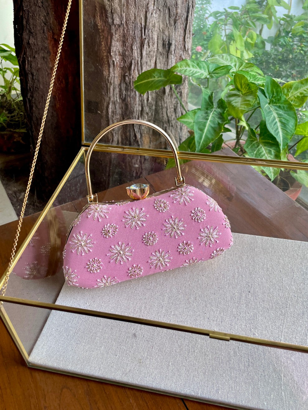 Soft Pink Chikankari With Ari Work Sling Clutch