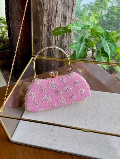 Soft Pink Chikankari With Ari Work Sling Clutch