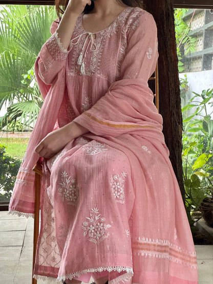 Soft Pink Shade Malmal Mukaish Kamdani Chikankari Stitched Kurta Dupatta Set