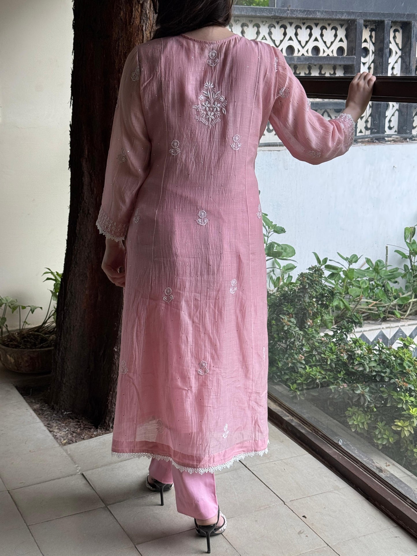 Soft Pink Shade Malmal Mukaish Kamdani Chikankari Stitched Kurta Dupatta Set