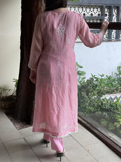Soft Pink Shade Malmal Mukaish Kamdani Chikankari Stitched Kurta Dupatta Set