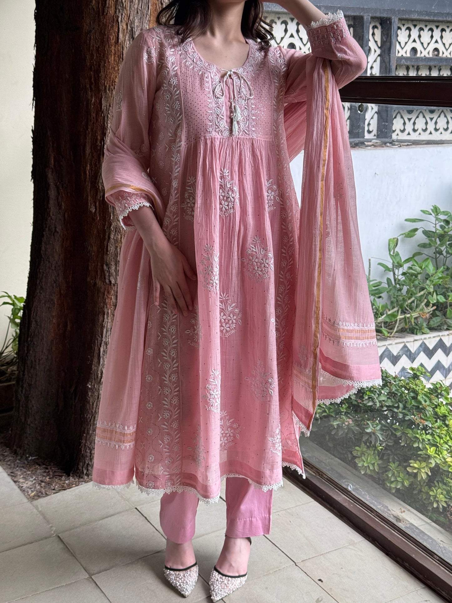 Soft Pink Shade Malmal Mukaish Kamdani Chikankari Stitched Kurta Dupatta Set