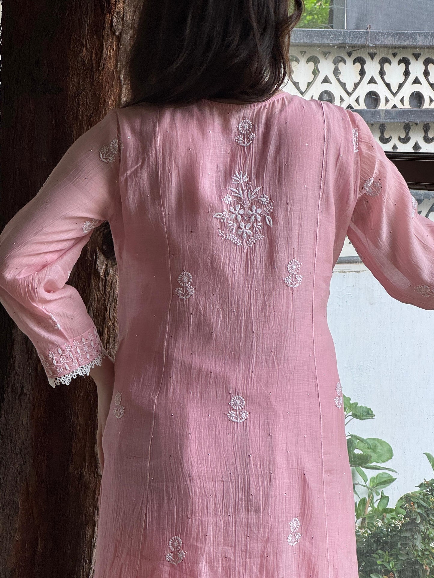 Soft Pink Shade Malmal Mukaish Kamdani Chikankari Stitched Kurta Dupatta Set