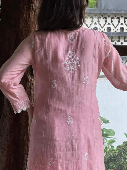 Soft Pink Shade Malmal Mukaish Kamdani Chikankari Stitched Kurta Dupatta Set