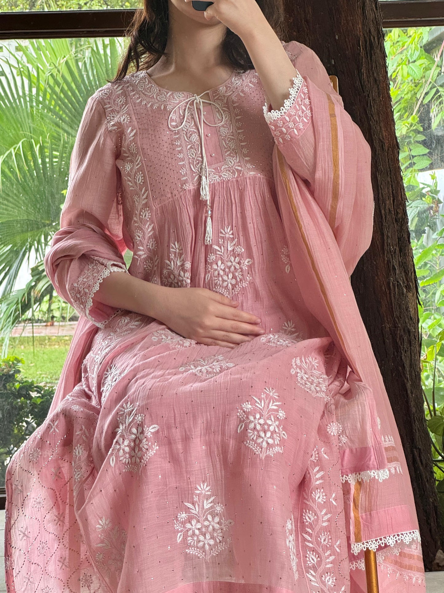 Soft Pink Shade Malmal Mukaish Kamdani Chikankari Stitched Kurta Dupatta Set