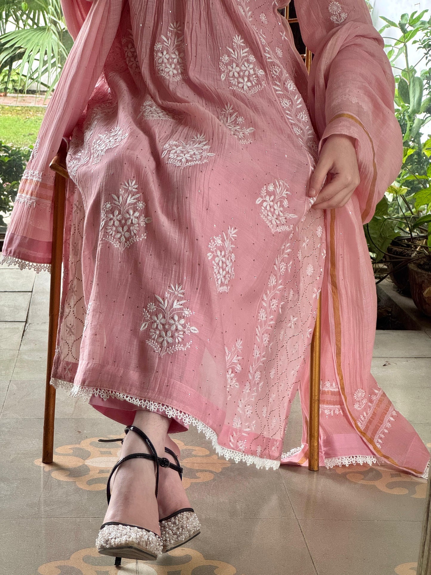 Soft Pink Shade Malmal Mukaish Kamdani Chikankari Stitched Kurta Dupatta Set