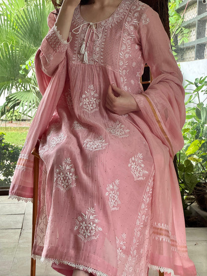Soft Pink Shade Malmal Mukaish Kamdani Chikankari Stitched Kurta Dupatta Set
