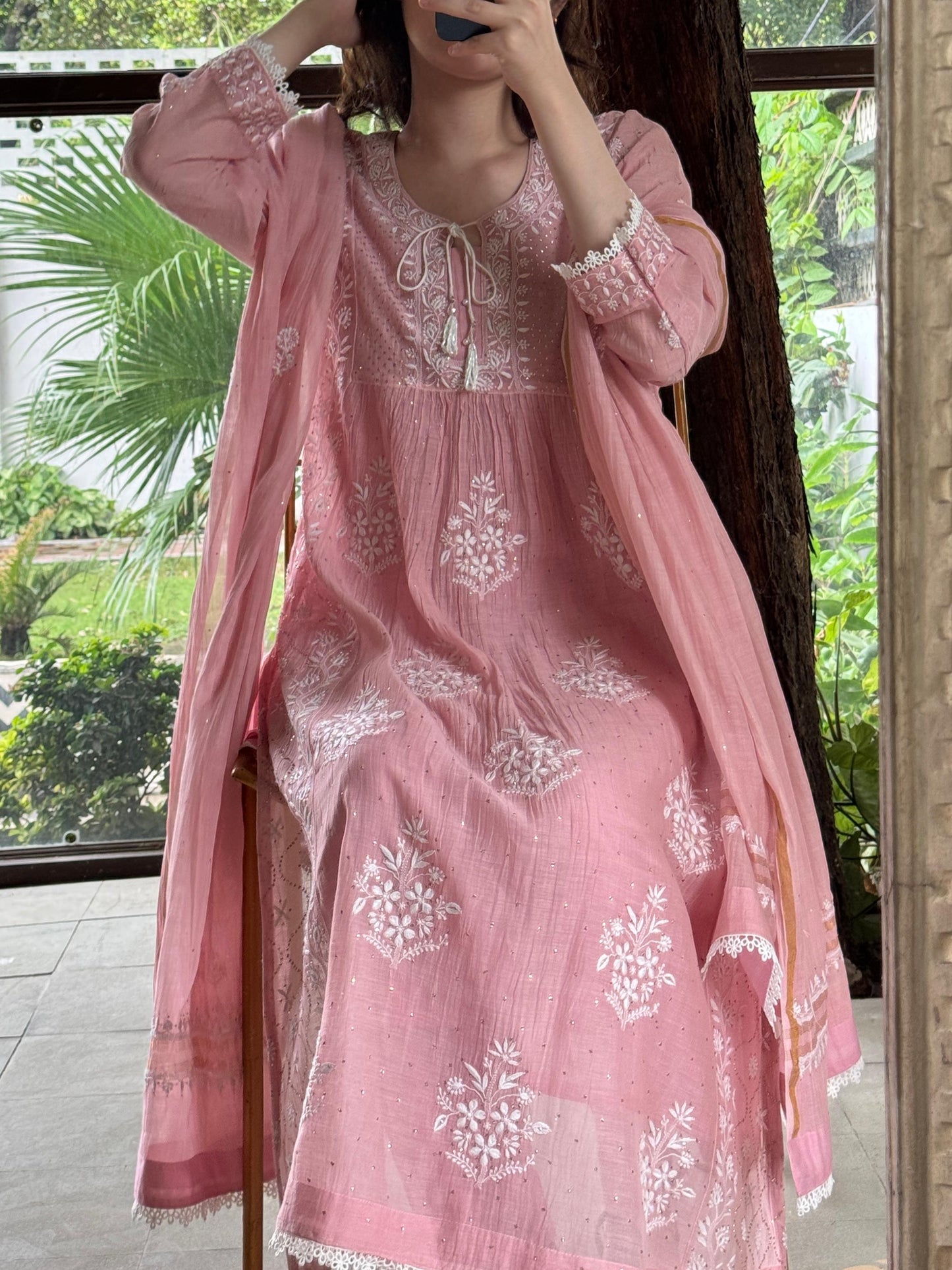 Soft Pink Shade Malmal Mukaish Kamdani Chikankari Stitched Kurta Dupatta Set