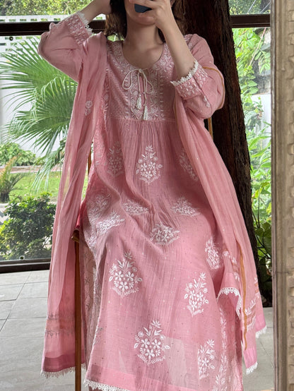 Soft Pink Shade Malmal Mukaish Kamdani Chikankari Stitched Kurta Dupatta Set