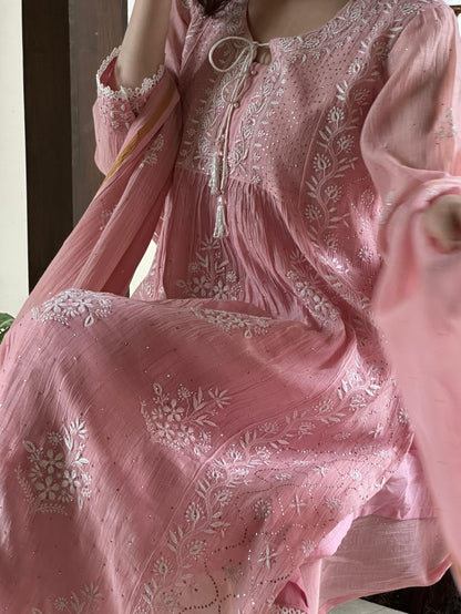 Soft Pink Shade Malmal Mukaish Kamdani Chikankari Stitched Kurta Dupatta Set